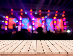 Wall Mural - Wood table or wood floor with abstract stage light bokeh background for product display