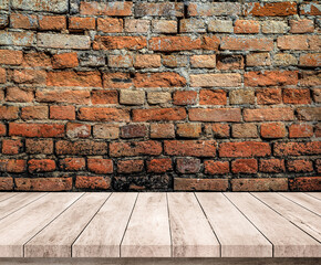 Wall Mural - Old wood plank with abstract old brick wall background for product display 