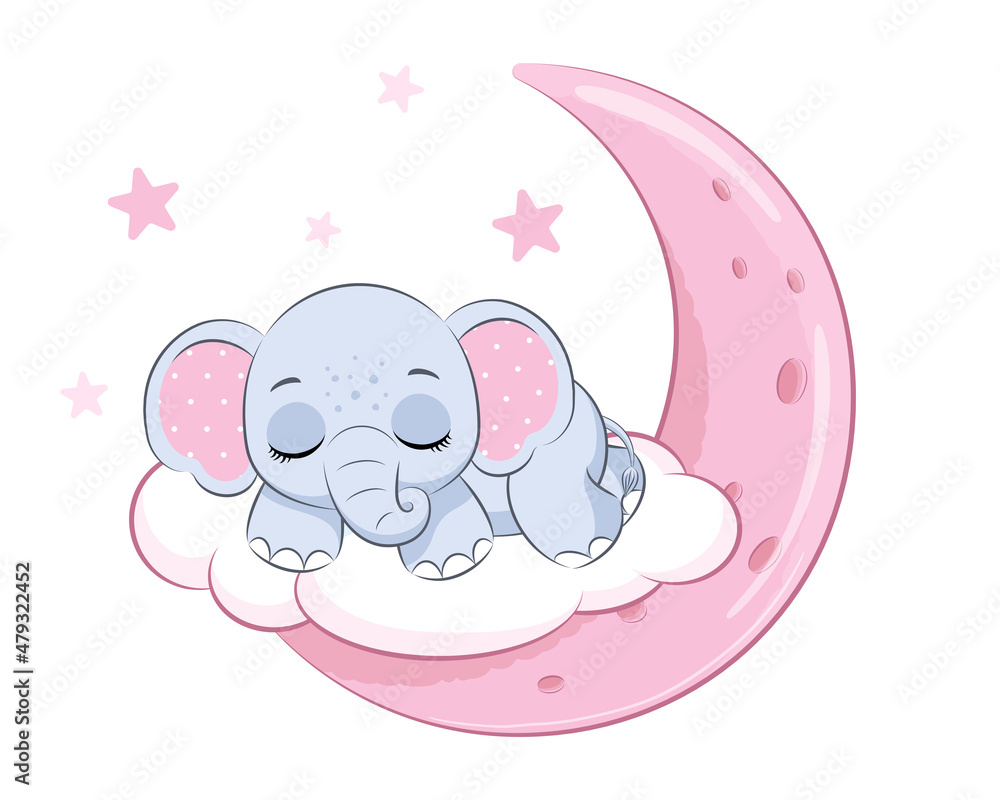 Cute elephant girl sleeping on the moon. Vector illustration of a ...