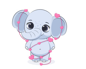  Cute elephant in a garland of hearts for Valentine's Day. Vector illustration of a cartoon.