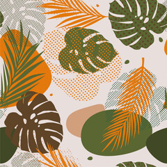 Wall Mural - Abstract seamless pattern with tropical leaves on retro background. Vector background, illustration for fabric, printing. Different geometric shapes. Abstraction, exotic Botanical Wallpaper.