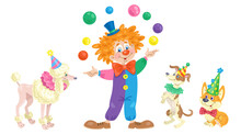 Funny Juggler Clown And Cute Circus Dogs. In Cartoon Style. Isolated On White Background. Vector Illustration.