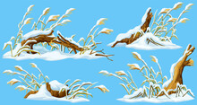 Marsh Reed, Stump, Grass Under Snow. Swamp Cattails Winter. Broken Tree, Weed And Snowdrifts. Vector Bulrush, Trunk For Computer Games Isolated On Blue Background.