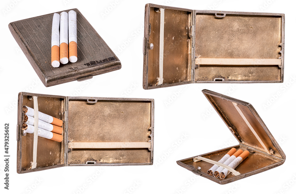 old cigarette cases Old antique cigarette case for storing tobacco products. Stock Photo