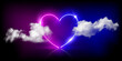 Neon light heart frame glowing among soft clouds in dark sky vector illustration. 3d realistic heart shape of electric blue and pink neon color and bright sparkle flare in abstract night background.