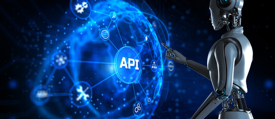 API Application programming interface apps and web development instrument concept. Robot hand pressing button on screen 3d render.