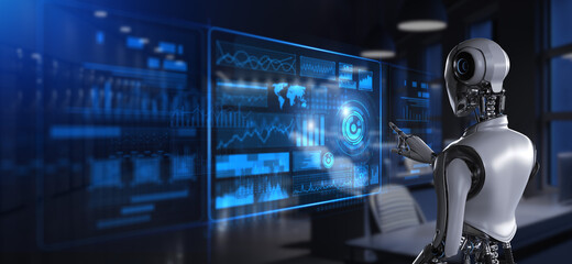 Cyborg Robot 3d render. Robotic process automation RPA data analysis.