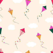 Cartoon Kite Seamless Pattern. Cute Baby Texture With Flying Kites And Cloud. Children's Outdoor Toy. Children's Vector Illustration.