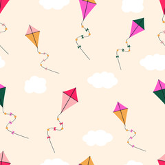 Cartoon kite seamless pattern. Cute baby texture with flying kites and cloud. Children's outdoor toy. Children's vector illustration.