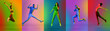 © Prostock-studio - Collage of cheerful young international men and women celebrating success while jumping over color neon backgrounds