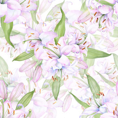 White pink lilies, seamless watercolor pattern