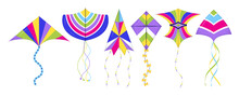 Kites Set Vector. International Kites Day Holiday. Colorful Fly Toy Collection.
