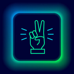 Poster - Glowing neon line Hand showing two finger icon isolated on black background. Victory hand sign. Colorful outline concept. Vector