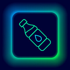 Sticker - Glowing neon line Bottle of water icon isolated on black background. Soda aqua drink sign. Colorful outline concept. Vector