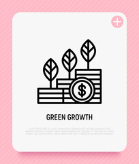 Wall Mural - Green economy growth thin line icon. Sprouts are sprouted through stacks of coins. Circular economy, renewable resources. Vector illustration for environmental issues.