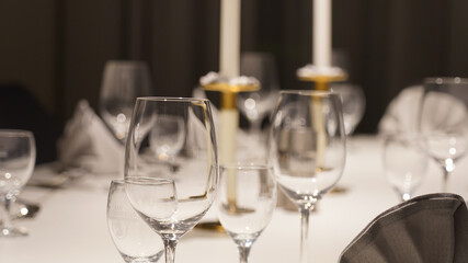 Business meeting room with wine and water glasses in a hotel in Berlin, Germany.