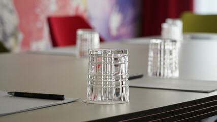 Wall Mural - Business meeting room with wine and water glasses in a hotel in Berlin, Germany.