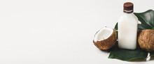 Coconut Oil Or Cream, Tropical Leaves And Coconut. Banner With Natural Beauty Spa Product