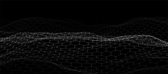 Futuristic black hexagon dynamic wave. Futuristic honeycomb concept. Digital technology web flow. Big data visualization. Vector Illustration.