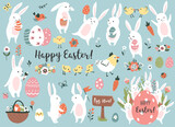 Fototapeta Fototapety na ścianę do pokoju dziecięcego - Easter set with cute bunnies, chickens, and easter eggs. Perfect for scrapbooking, sticker kit, tags, greeting cards, party invitations. Hand drawn vector illustration.
