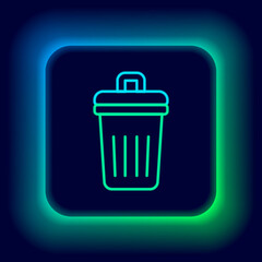 Sticker - Glowing neon line Trash can icon isolated on black background. Garbage bin sign. Recycle basket icon. Office trash icon. Colorful outline concept. Vector