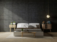 Dark Bedroom Interior Mockup,white Bed On Empty Concrete Wall Background.