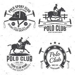 Wall Mural - Set of Polo club sport badges, patches, emblems, logos. Vector illustration. Vintage monochrome equestrian label with rider and horse silhouettes. Polo club competition riding sport.