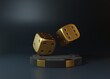 Casino chips and two golden rolling gambling dice in Flight on a black background. Lucky dice. Board games. Money bets. 3d rendering illustration
