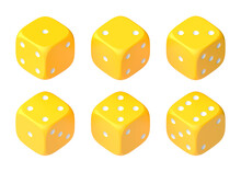 Set Of Six Yellow Dice With White Dots Hanging In Half Turn Showing Different Numbers. Lucky Dice. Rolling Dice. Board Games. Money Bets. 3D Rendering Illustration