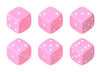 Wall Mural - Set of six pink dice with white dots hanging in half turn showing different numbers. Lucky dice. Rolling dice. Board games. Money bets. 3D rendering illustration