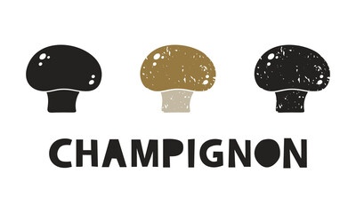 Wall Mural - Champignon mushroom, silhouette icons set with lettering. Imitation of stamp, print with scuffs. Simple black shape and color vector illustration. Hand drawn isolated elements on white background