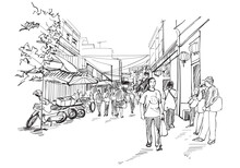 Sketching, Crowded People Walking At Warorot Market, Chiang Mai, Thailand During The Holidays, Outline Monochrome.