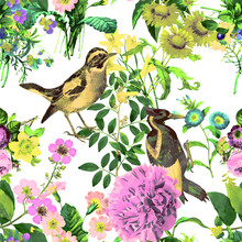 A Beautiful And Stunning Repeated Pattern Of Florals And Birds Free Download Perfect For Fabrics, T-shirts, Mugs, Packaging Etc