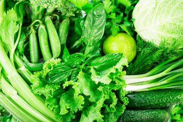 Poster - green vegetables background, healthy eating, vegetarian food .