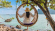 Traveler woman relaxing on straw nests joy nature scenic landscape Railay beach Krabi, Attraction leisure tourist travel Phuket Thailand summer holiday vacation trip, Beautiful destination place Asia
