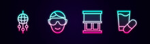 Set Line Dream Catcher With Feathers, Eye Sleep Mask, Window Curtains And Sleeping Pill. Glowing Neon Icon. Vector