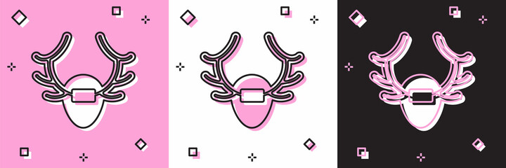 Canvas Print - Set Deer antlers on shield icon isolated on pink and white, black background. Hunting trophy on wall. Vector