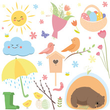 A Set Of Bright Cute Vector Illustrations On The Theme Of Spring And Easter. Easter Eggs In A Basket, A Bear Sleeping In A Den, Blooming Flowers, A Bouquet, Birds. The Concept Of Awakening Nature
