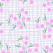Vector Seamless Floral Pattern Of Vertical And Horizontal Stripes In Pastel Colors And Pink Small Pink Wildflowers Carnation With Buds On A Transparent Background.