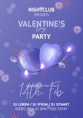 Wall Mural - Happy Valentine's Day party poster. Vector illustration with pair of purple hearts, neon hearts, sparkling garland and confetti. 3d composition for Valentine's Day party. Invitation to nightclub.