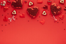 Valentine's Day Or Wedding Romantic Concept. Red Hearts On Red Background.Top View, Flat Lay, Copy Space.