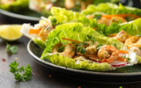 Fototapeta Tulipany - Lettuce wraps with Spicy prawn, shrimp and rice vermicelli noodles. Asian style finger party food