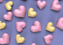 Purple And Yellow Hearts For Valentine's Day And Purple Background. 3D Rendering