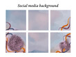 Plantillas de diseño para publicaciones en redes sociales con motivos florales de acuarela en tonos morados, rosas, azules y un toque de dorado, con espacio para texto e imágenes