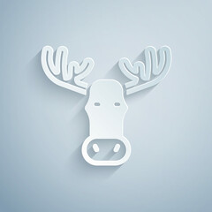 Canvas Print - Paper cut Moose head with horns icon isolated on grey background. Paper art style. Vector