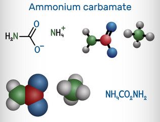 Poster - Ammonium carbamate molecule. It is organic compound consisting of ammonium and carbamate. Structural chemical formula and molecule model.