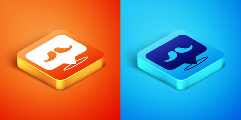 Poster - Isometric Mustache icon isolated on orange and blue background. Barbershop symbol. Facial hair style. Vector