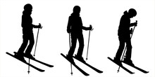 Woman Skier. Girl In A Ski Suit With Ski Sticks In Her Hands And Skis On Her Feet. The Skier Stands Half Sideways, Bending His Knee. Winter Sports. Female Black Silhouette Isolated On White Background
