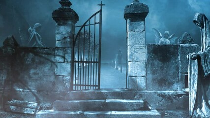 Wall Mural - skeleton shadow passing by cemetery gate 4k loop features an old cemetery with a brick wall and gate