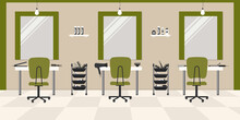 Hair Salon In A Green Color. Beauty Salon. Interior. There Are Tables, Chairs, Mirrors, Hair Dryer In The Image. Vector Flat Illustration